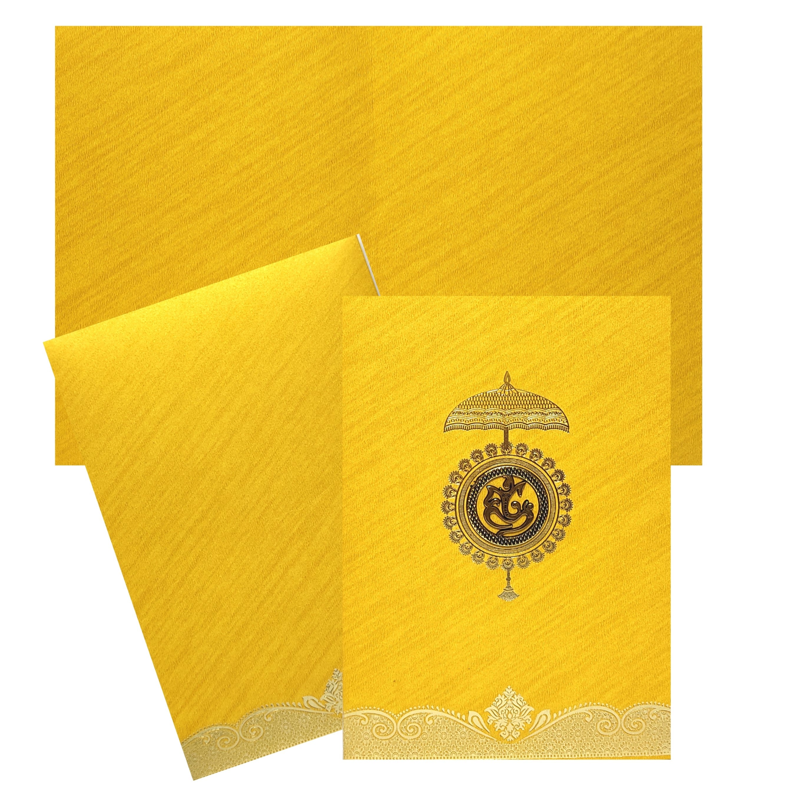 Selling Gold metalic envelope with umbrella print and ganesha sticker invitation card online. Buying invitation cards made easy with King of Cards! ? Customer Support ? Home Delivery