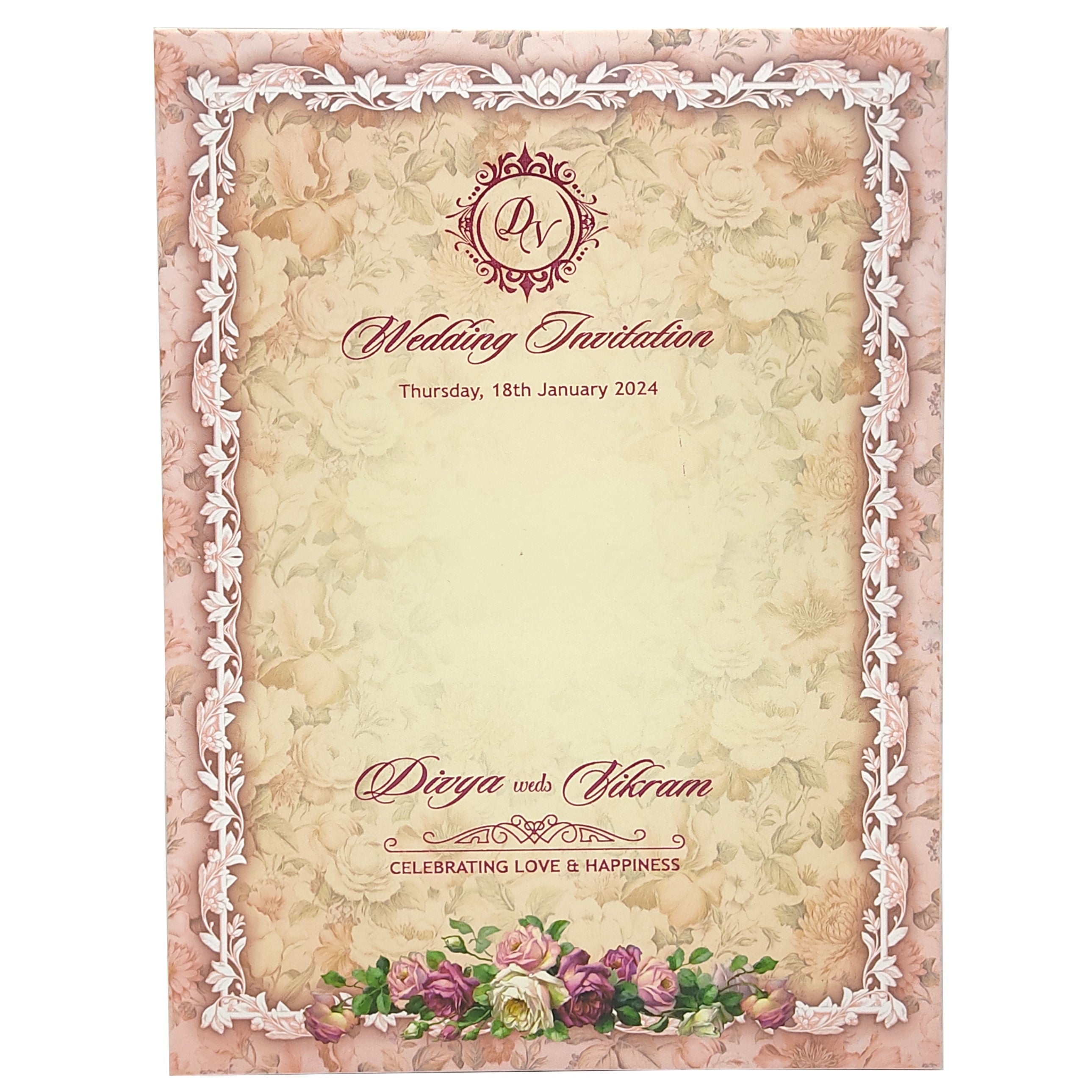 Pink Padded Floral Wedding Card In Offset Design-KNPO9531P