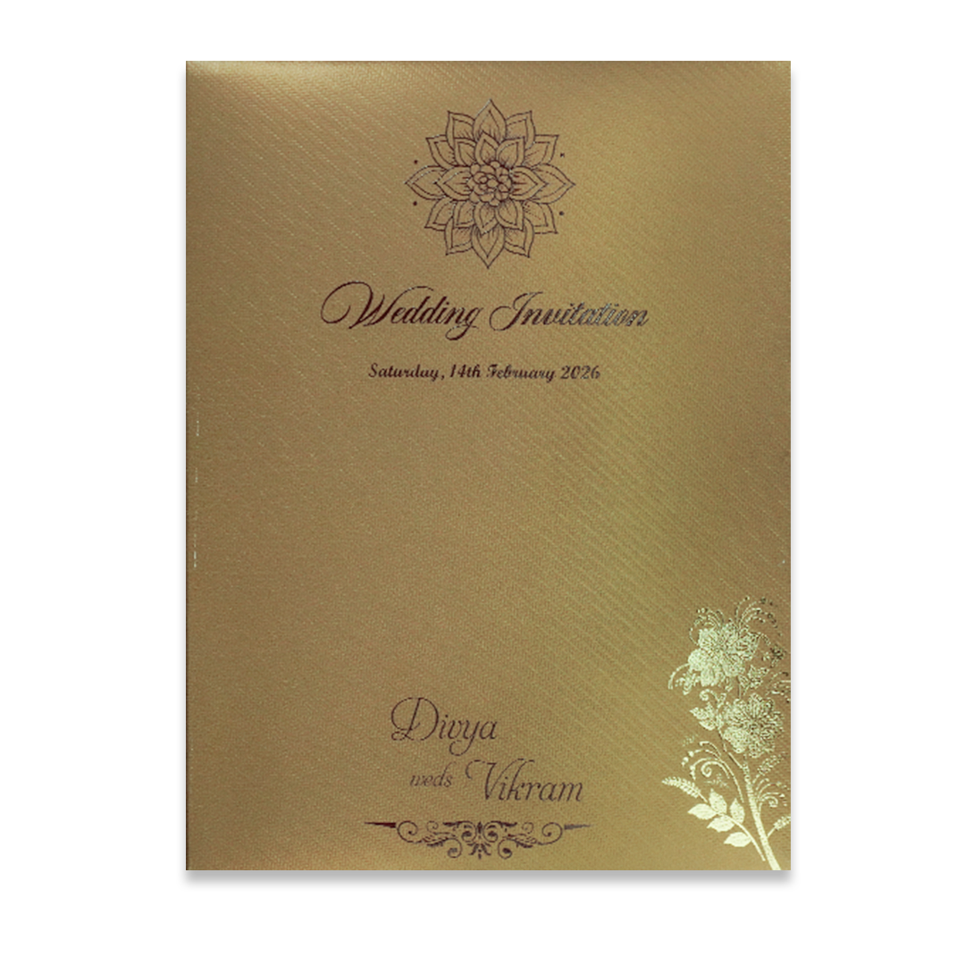 Gold Door-Style Embossed Floral Padded Wedding Card - KNPM9513G
