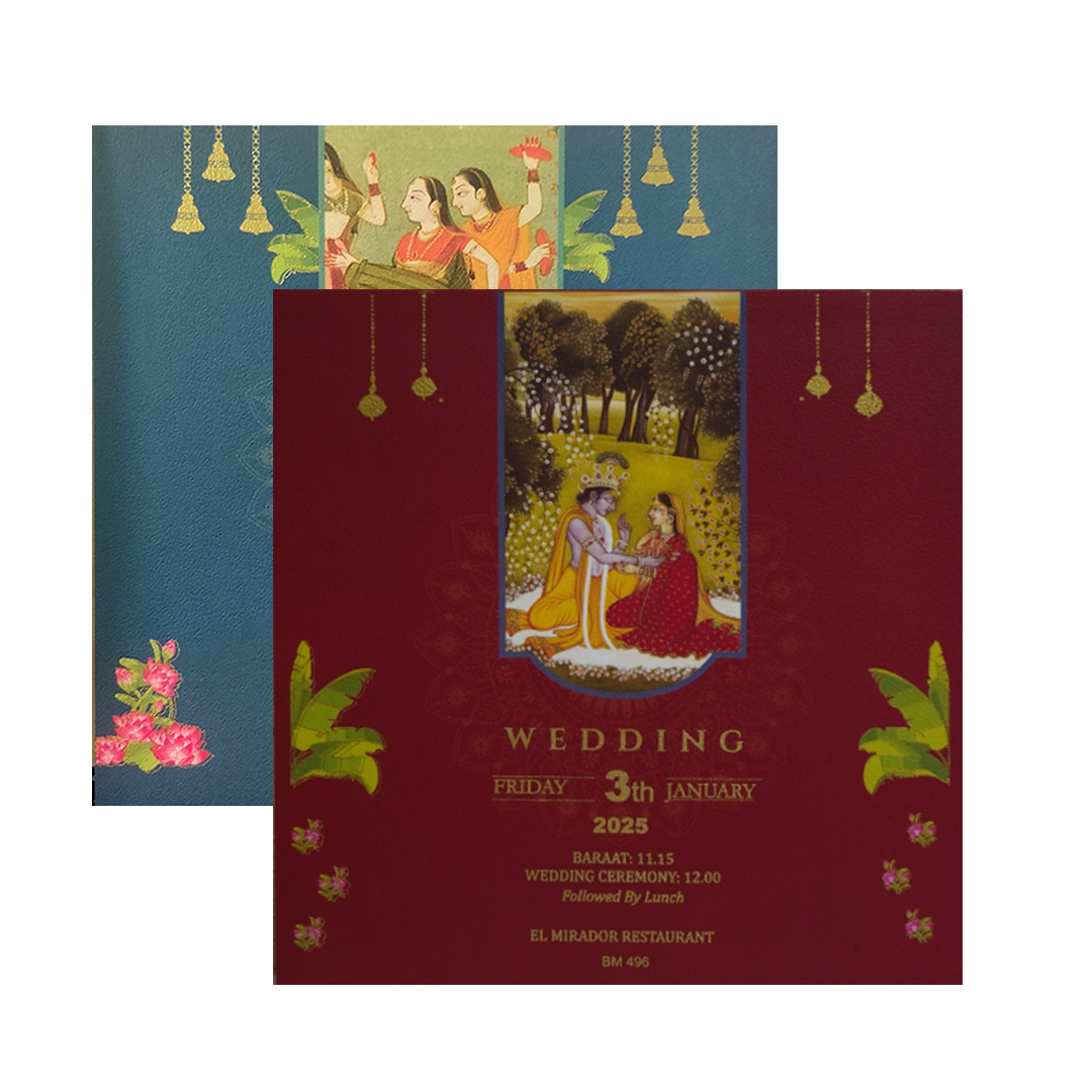 Navy Blue Leaf Wedding Invitation Card-KBM04960