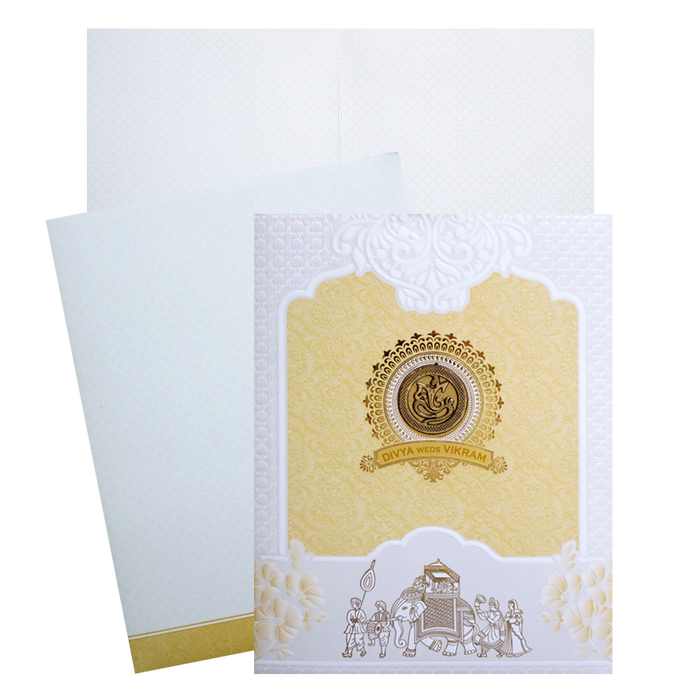 White and Yellow Patterned Wedding Card featuring textured pattern, ganesha sticker and an acrylic nameplate. It also includes folded insert and an envelope. Shop now! ?WhatsApp Support ?Express Delivery.