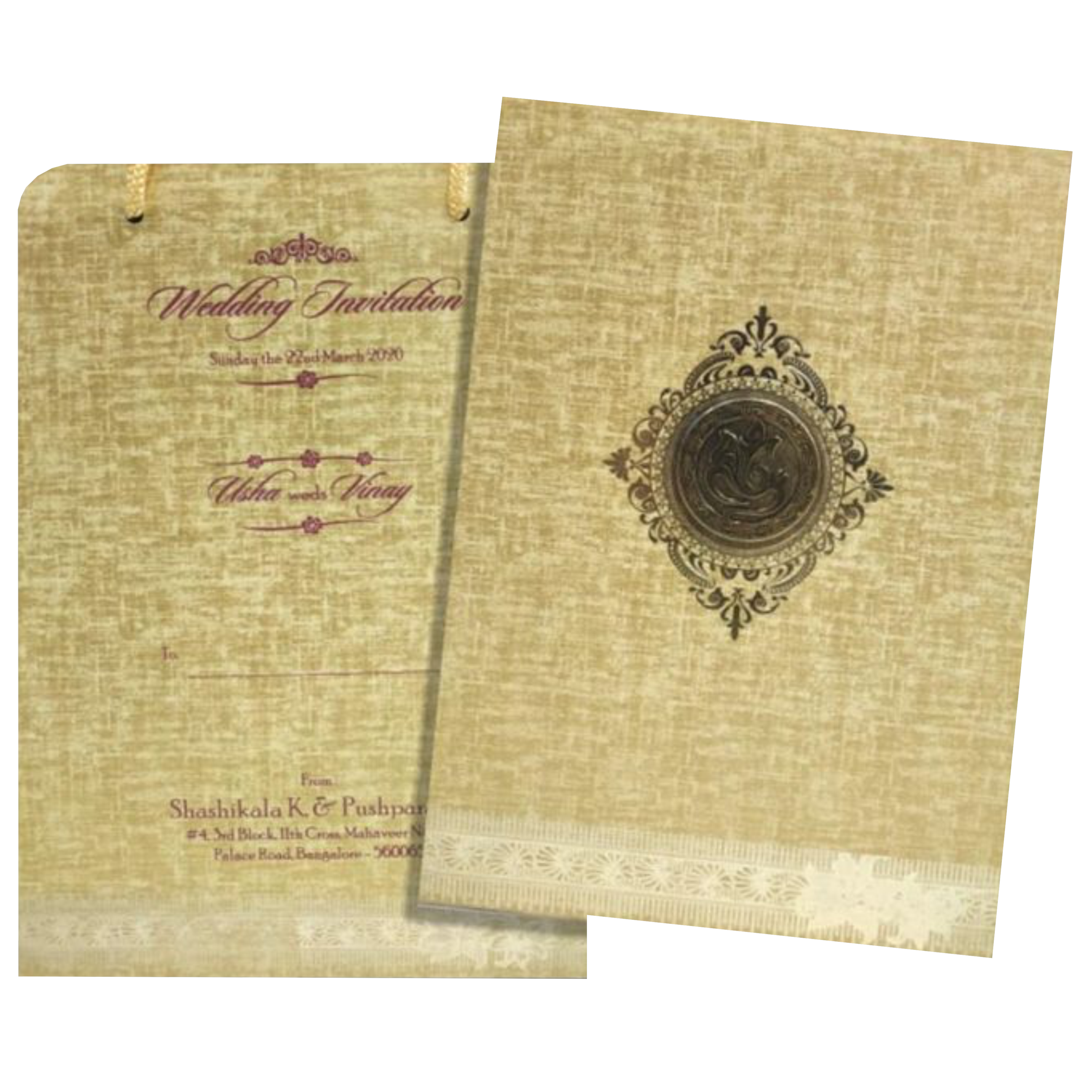 Brown Gold Premium Padded Stiff Board Invitation Card With Ganesha-KNPS9512N