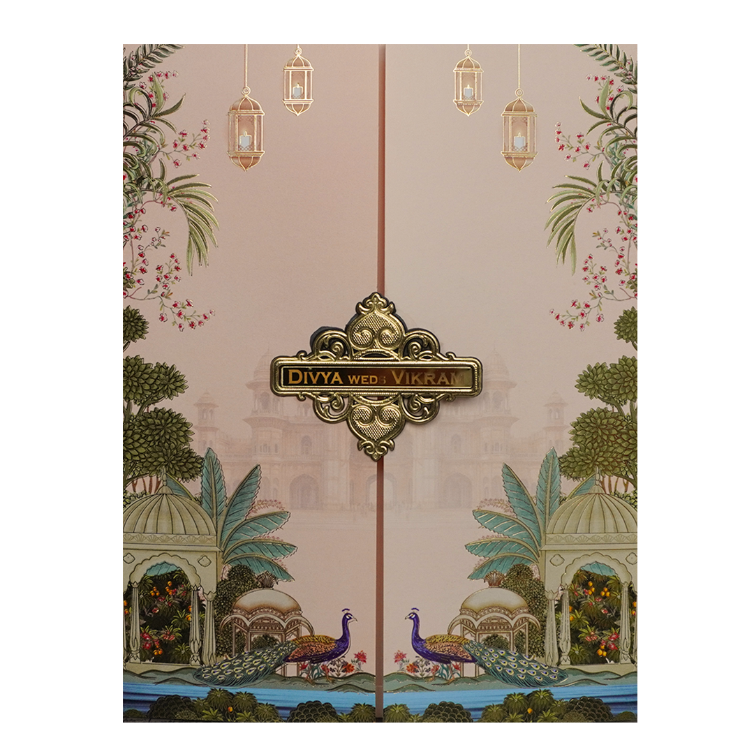 Cream Royal Palace Peacock Wedding Card-KNKJ1147