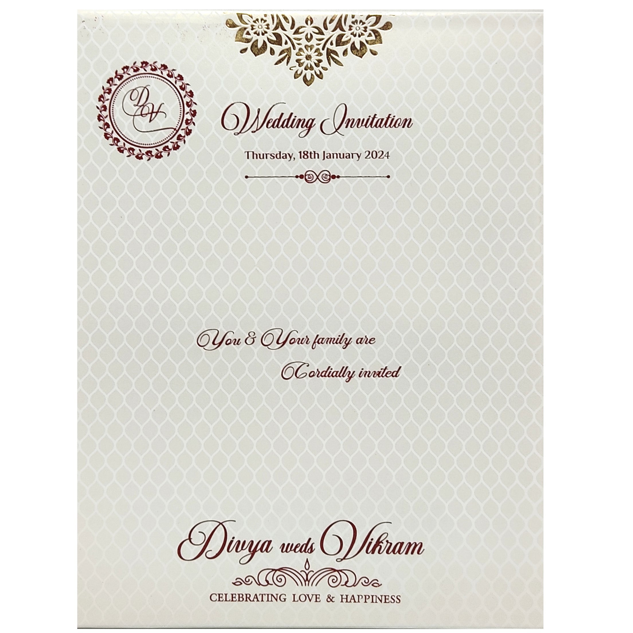 White Textured Floral Band Wedding Card-KNCS8516W