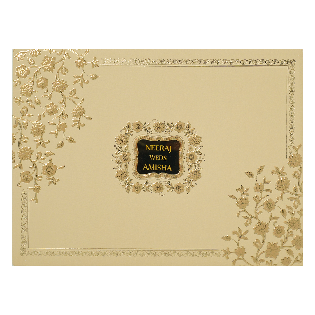 Check out Cream Gold Floral Padded Wedding Card at best price.✅WhatsApp Support ✅Express Delivery.|King of cards.