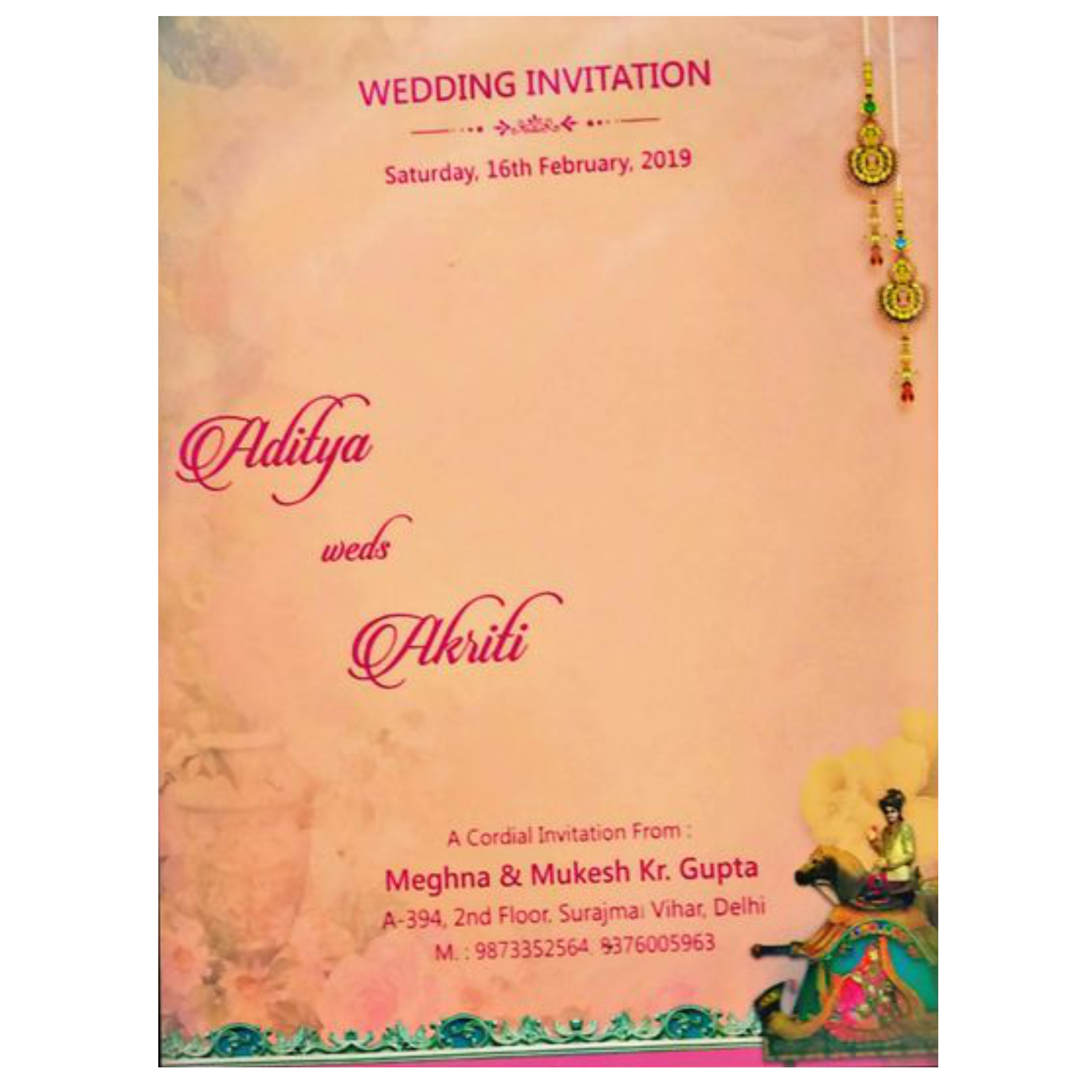 Marvelous Peach Color Baraat Theme Padding Invitation Card - KNKZAC139