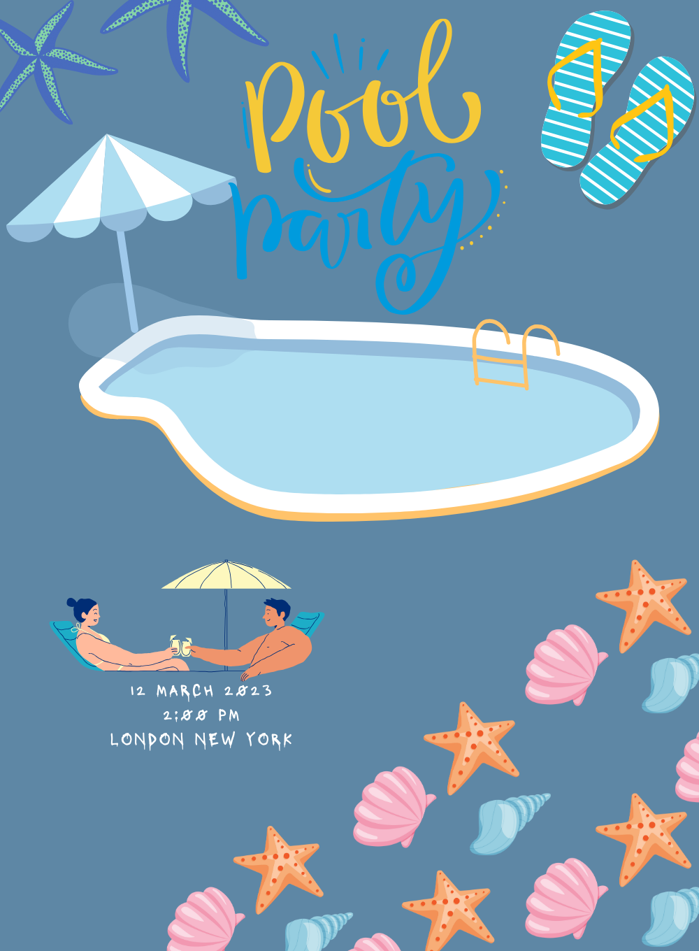 Blue Starfish Pool Party Invitation-AAPPI014
