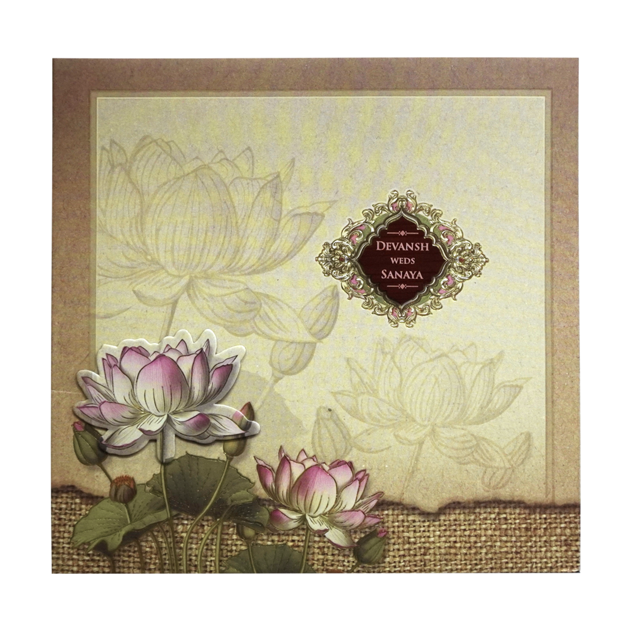 Light Brown Lotus Padded Wedding Card-King of Cards