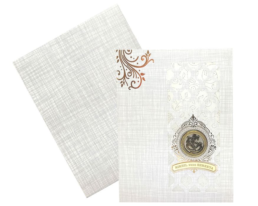 Grey Floral Metallic Wedding Card With White Wolly And Name Plate-KNK7030G-King of Cards