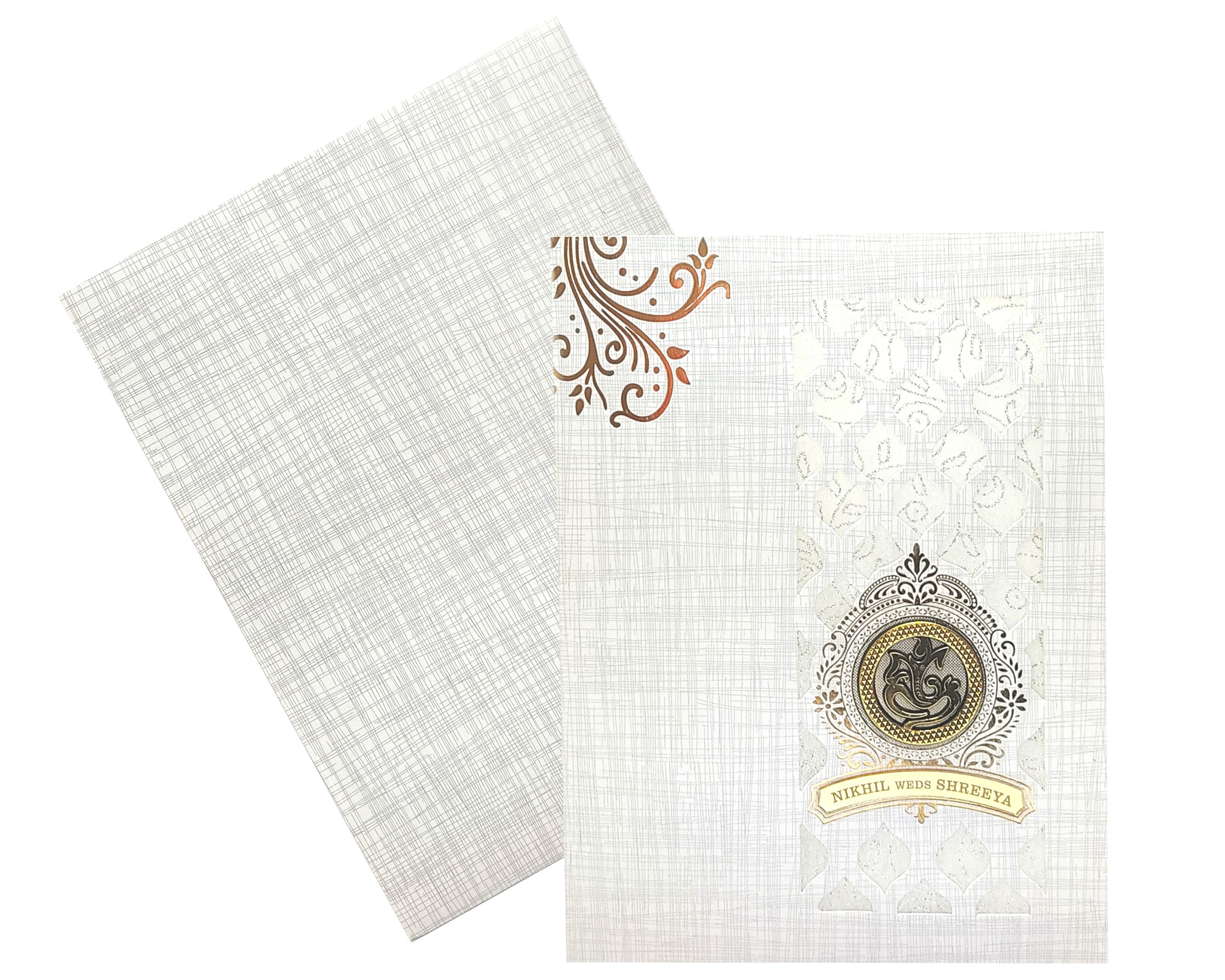 Grey Floral Metallic Wedding Card With White Wolly And Name Plate-KNK7030G