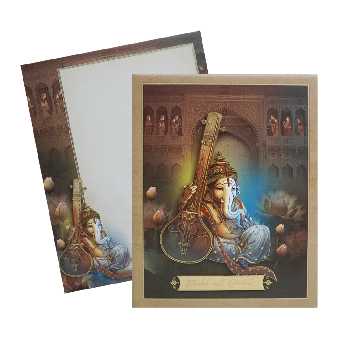 Brown Ganesha Padded Wedding Card-Kac05310
