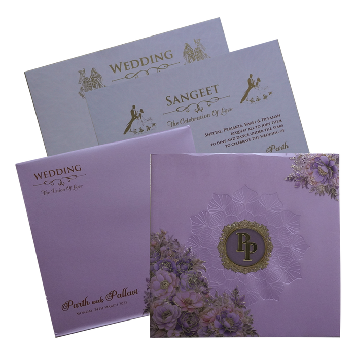 Purple Floral Embossed Premium Wedding Invitation-King of Cards