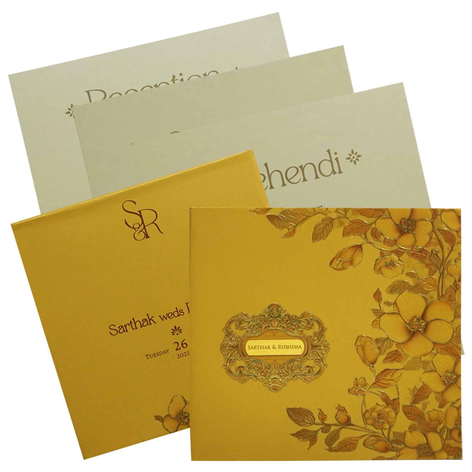 Make your event special with our exclusive Mustard Gold Floral Embossed Premium Card. Shop now! ?WhatsApp Support ?Express Delivery.