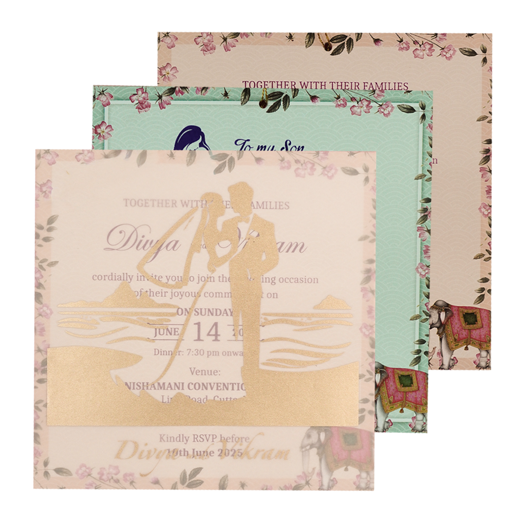 Green Laser-Cut Floral Peacock, Elephant Wedding Card - KNPL5806