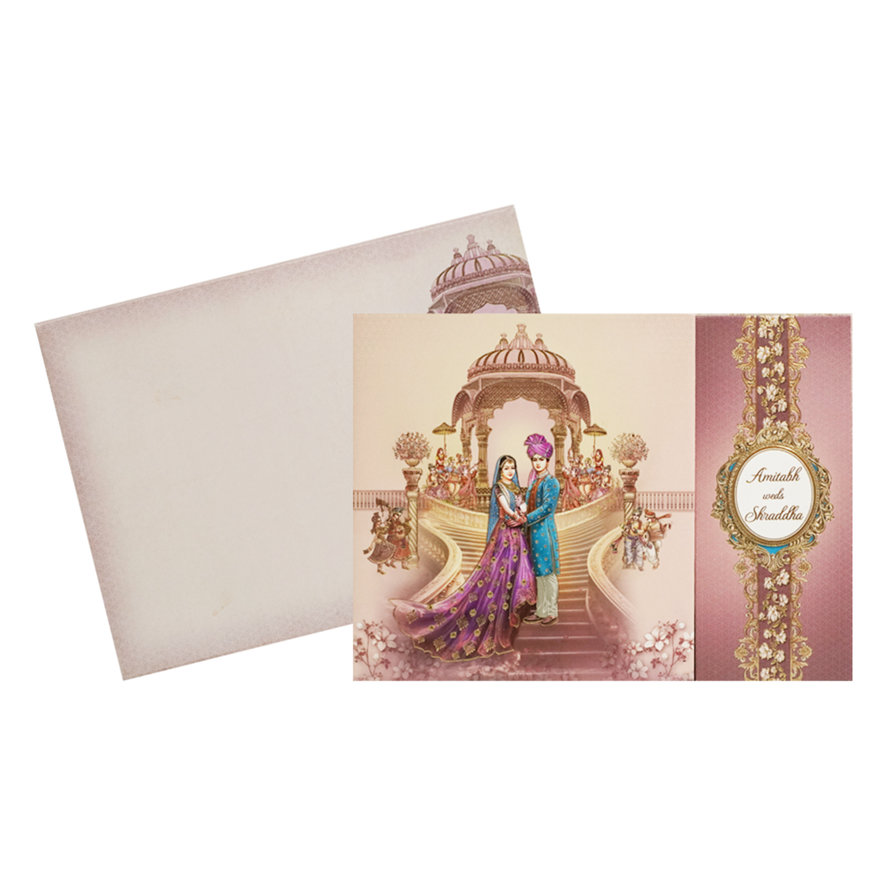 Apricot Pink Bride Groom Wedding Invitation Card-KAC05810