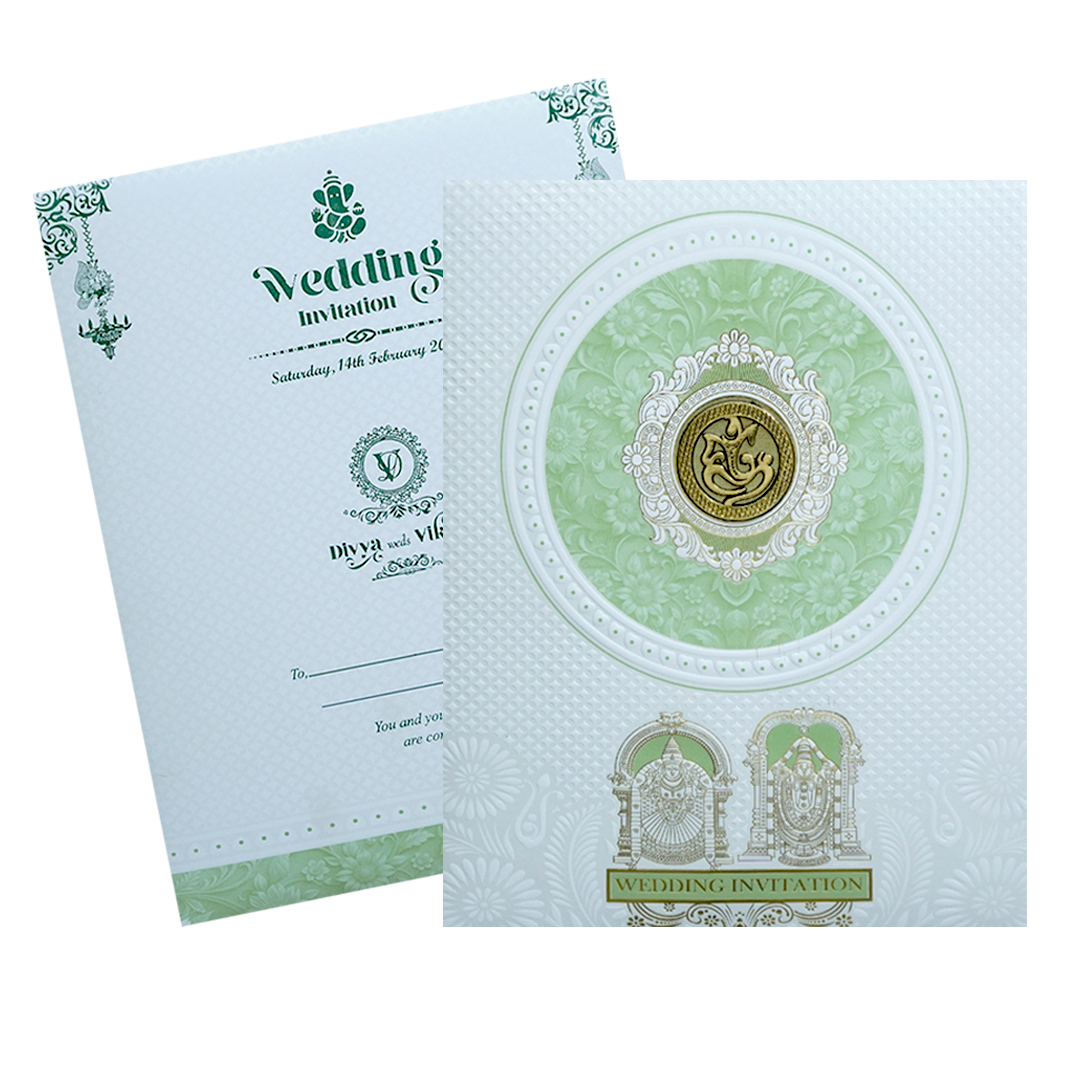 White Balaji Padmavthi Green Floral Wedding Card-KNJS2085G