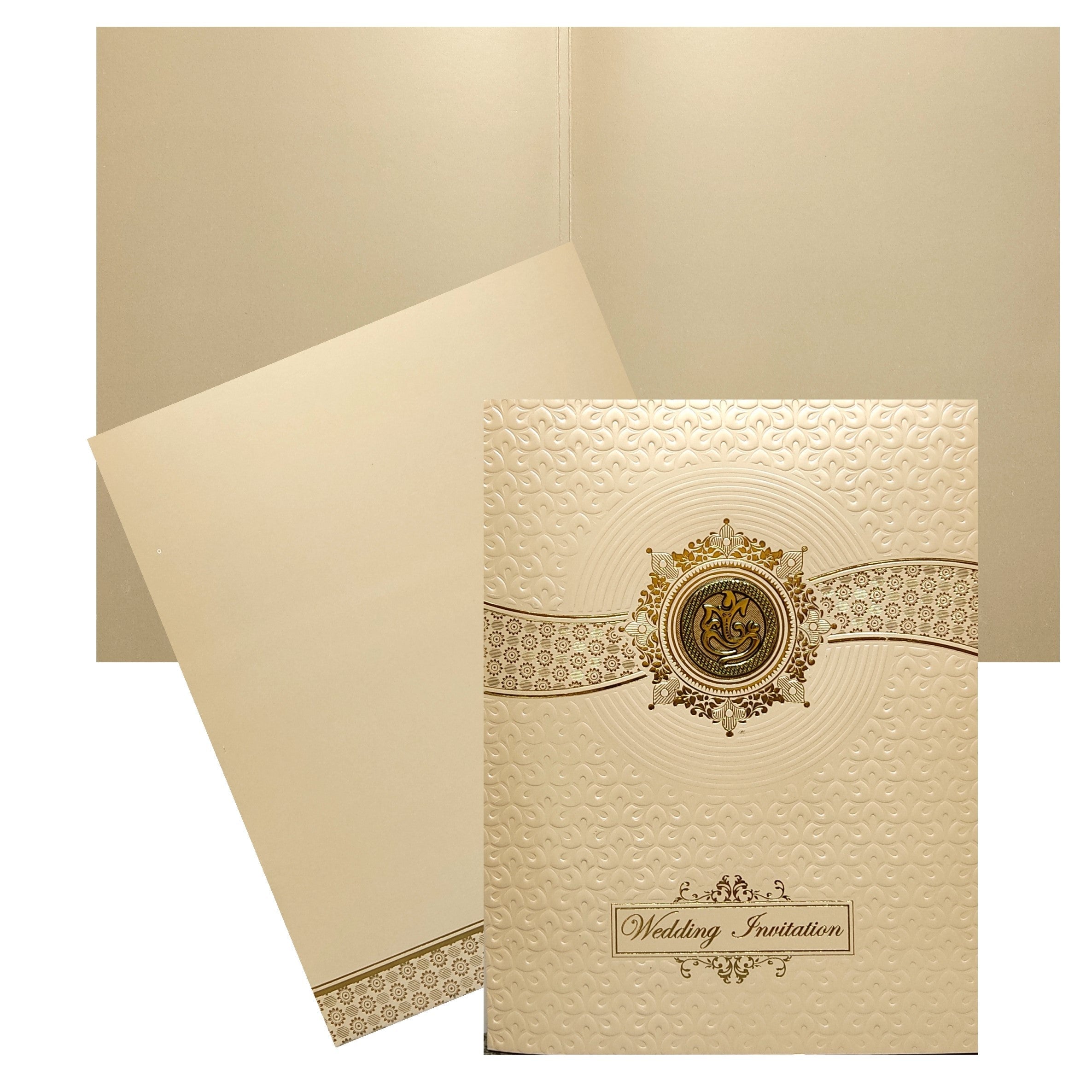 Selling Sandal embossed ganesha invitation card online. Buying invitation cards made easy with King of Cards! &