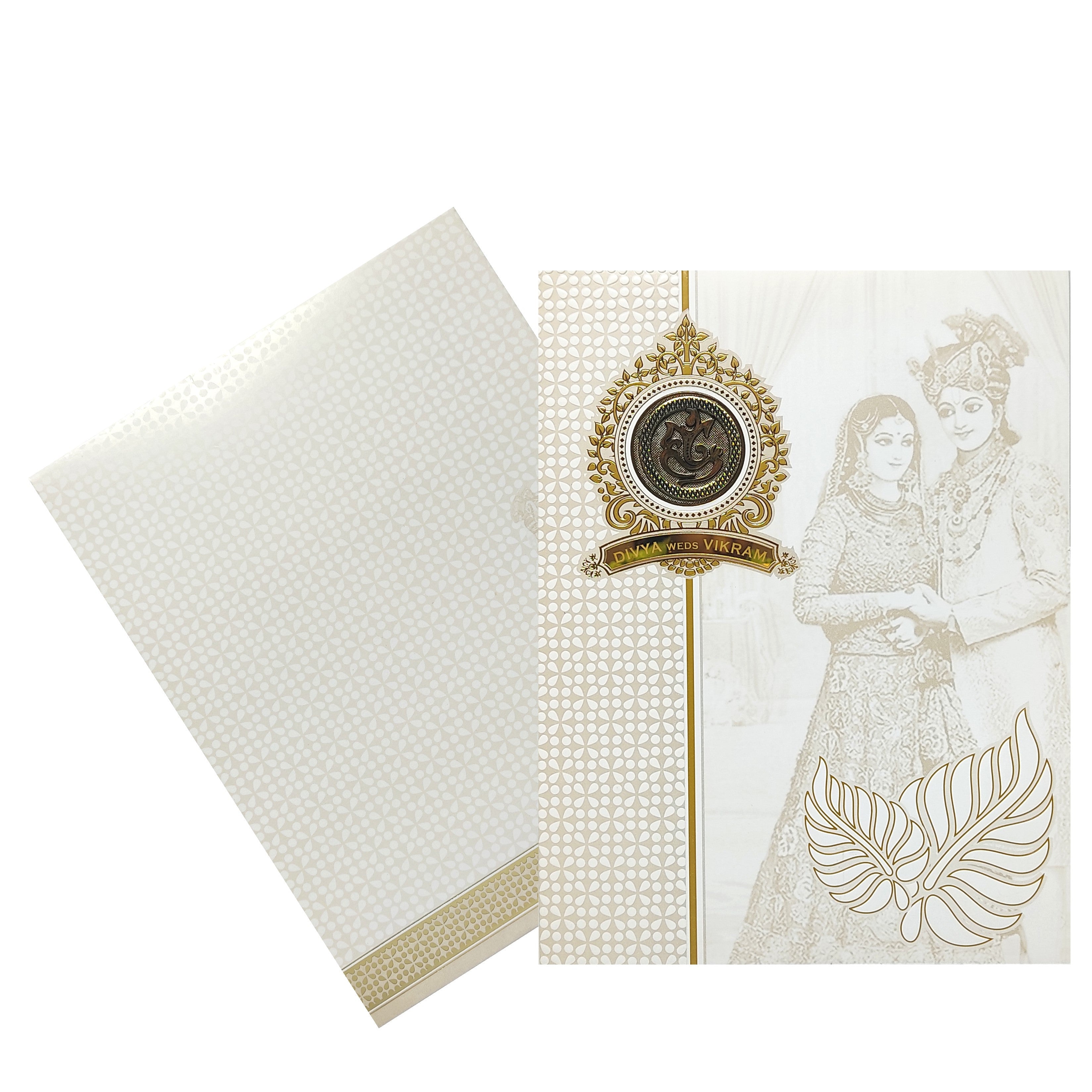 White Hindu Bride And Groom Wedding Card-KNK4102W