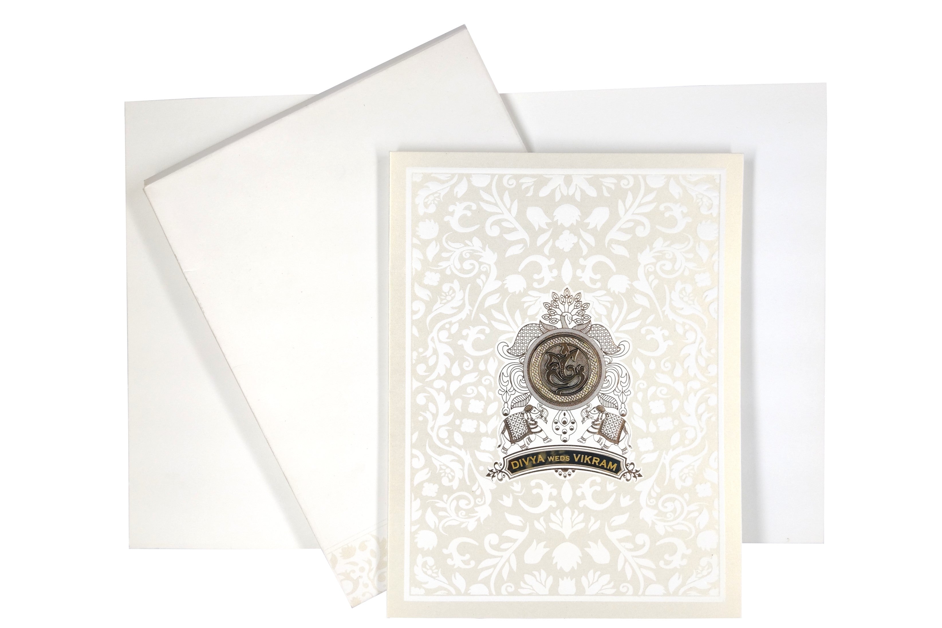White Metallic Floral Design With Gold Foiling And Name Plate-KNK3050W