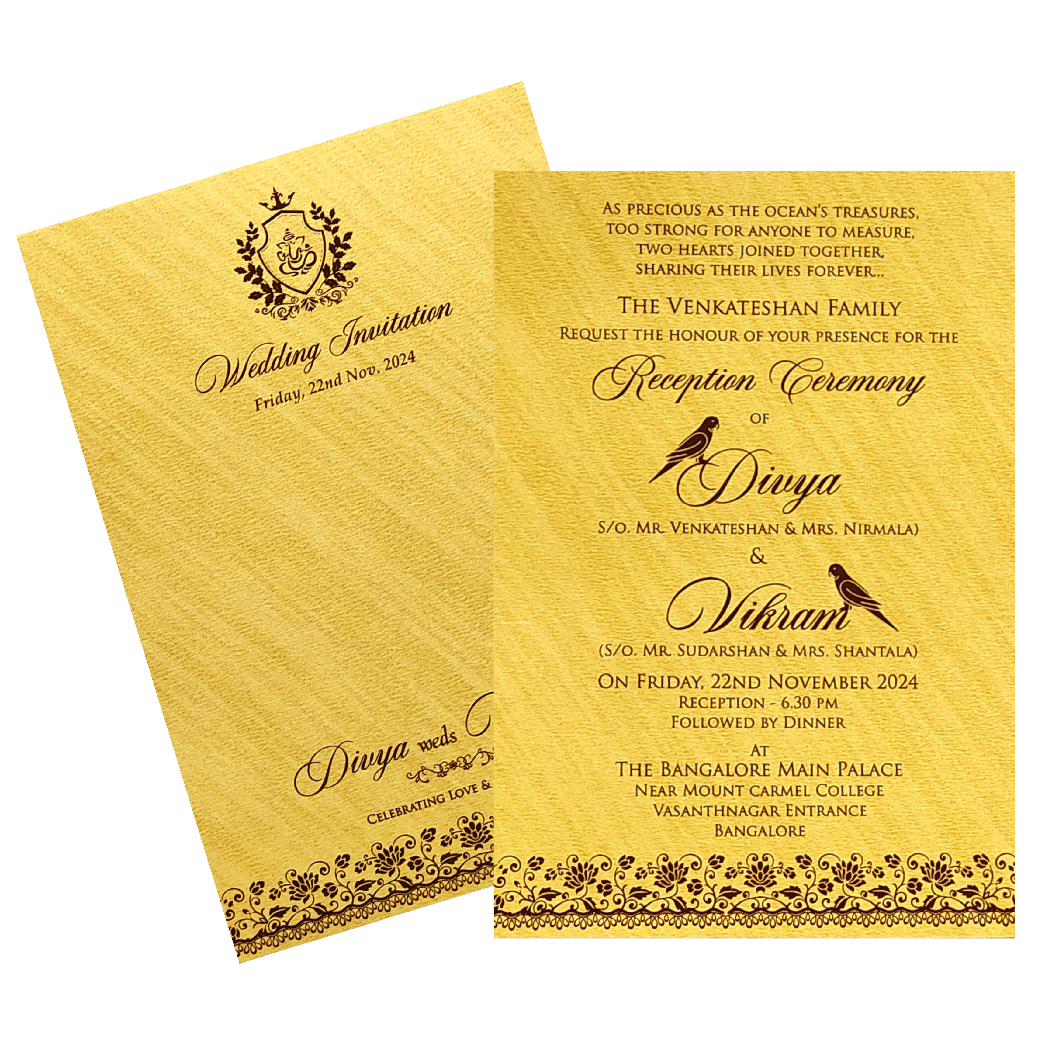 Gold liner single sheet sheet invitation wedding card features printed ganesha withone insert and an envelope. Shipping and printing charges are extra.