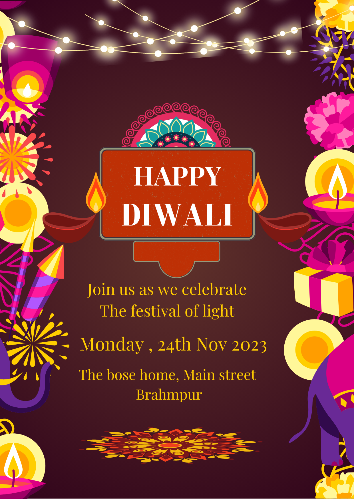 Magenta Firecrackers Diwali Invitation-AADIW003