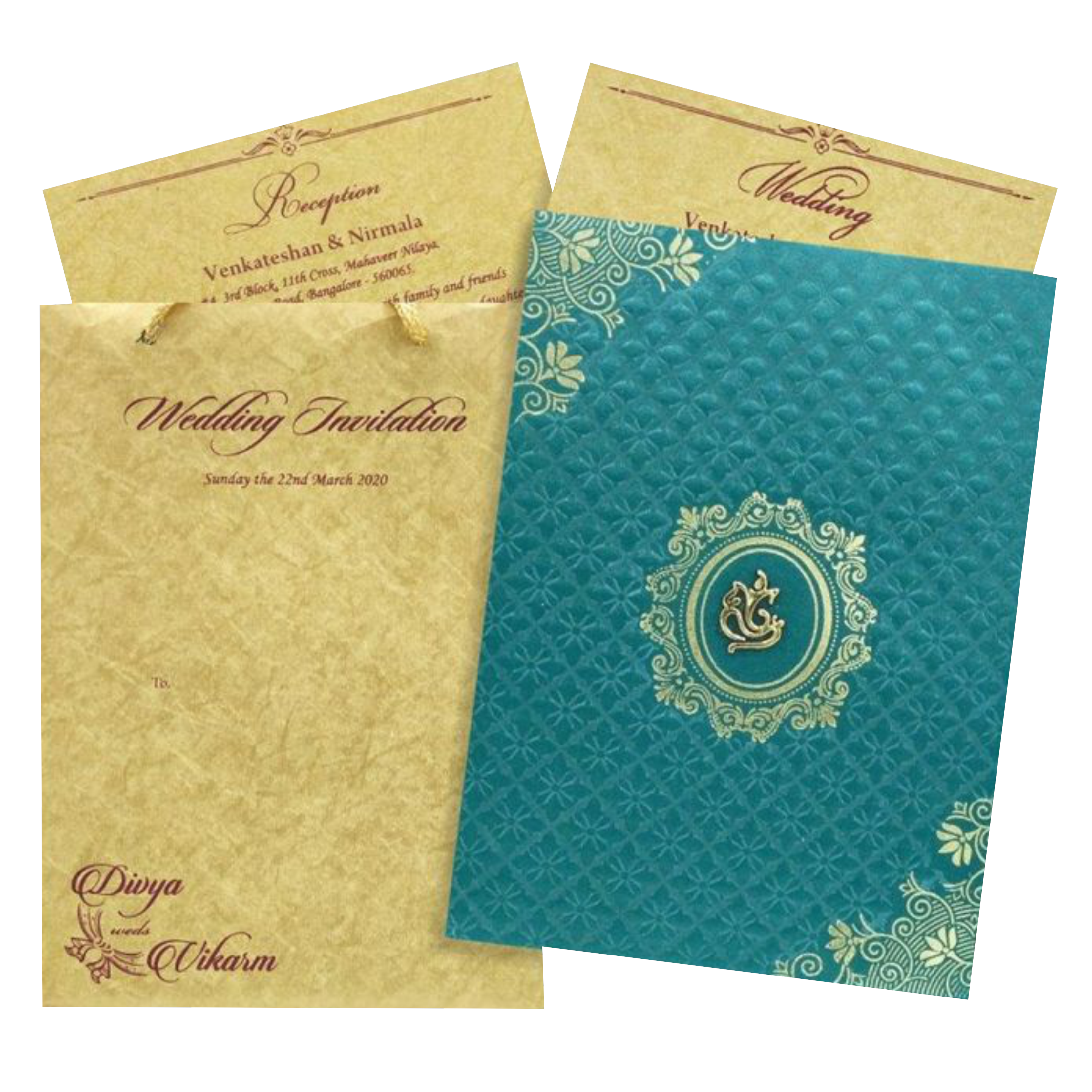 Gracious Gold And Blue Shading With Ganesha Theme Padded Wedding Card-KCCT20GP