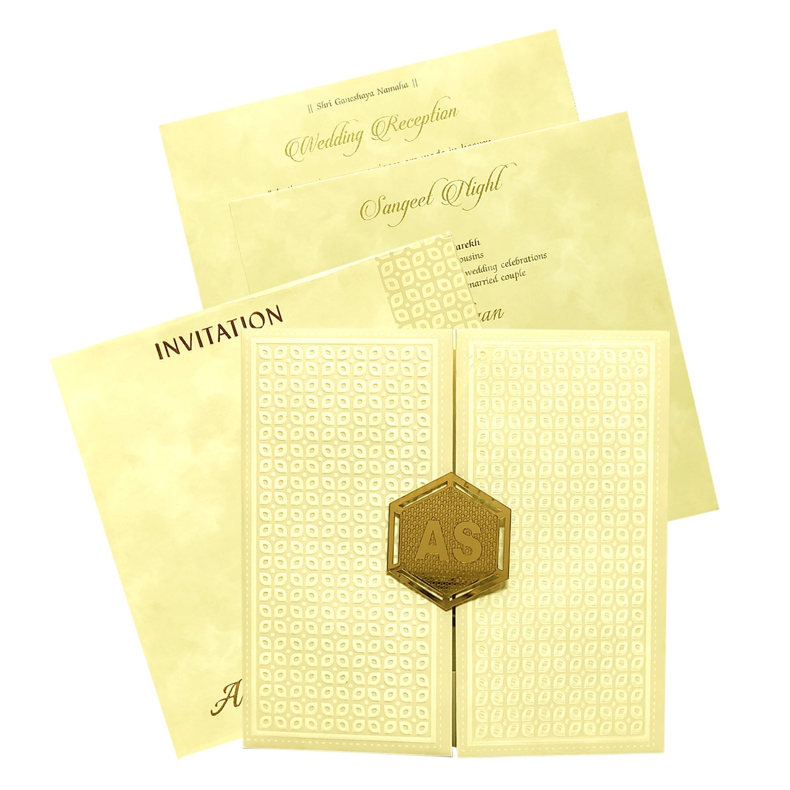 Check out the collection of Cream embossed padded invitation card at best price. &