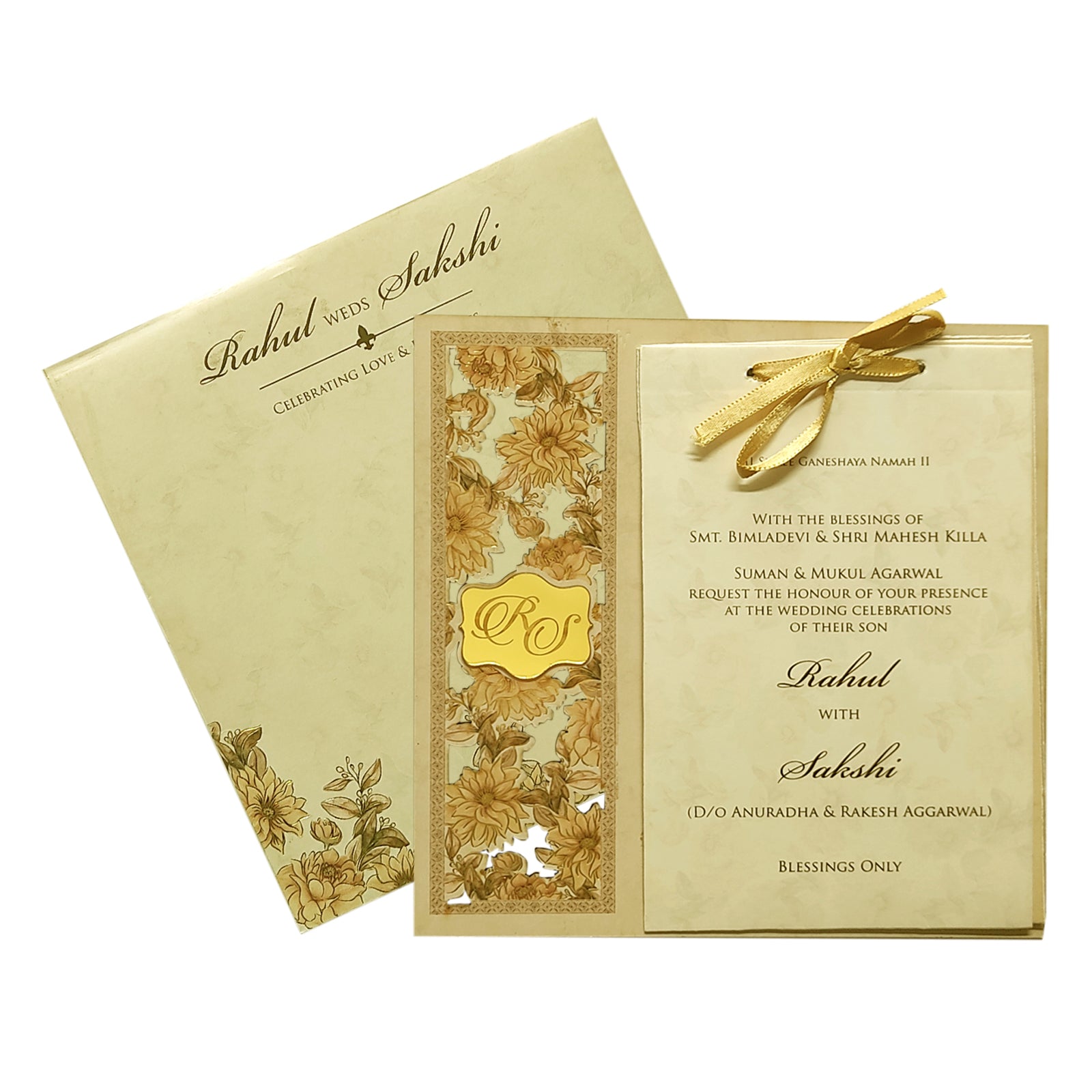 Golden Elegant Floral Lazer Cut MDF Wedding Card-KPR08810