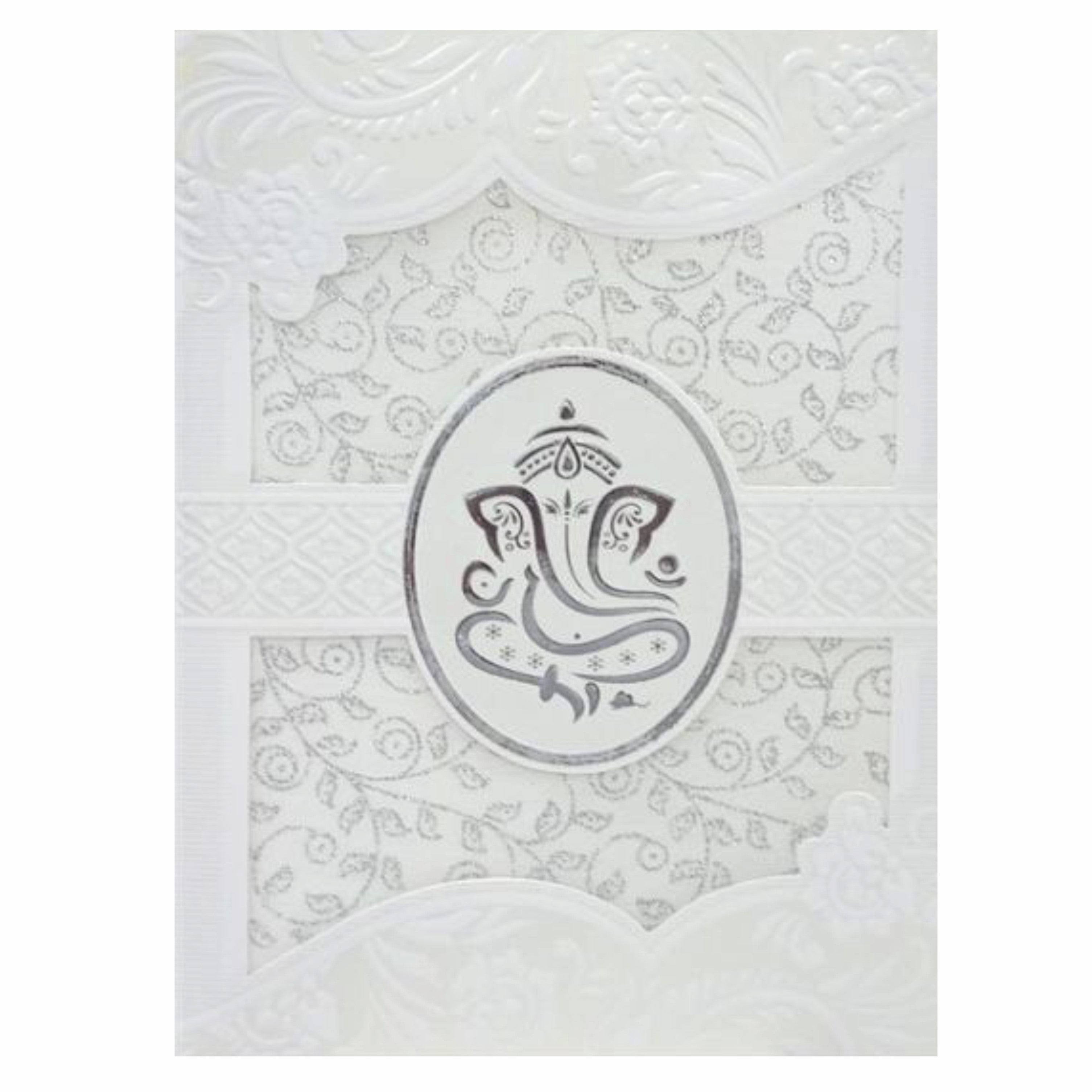 Lovely Silver Foiling Ganesha With White Wolly Material Wedding Card - KNK30740