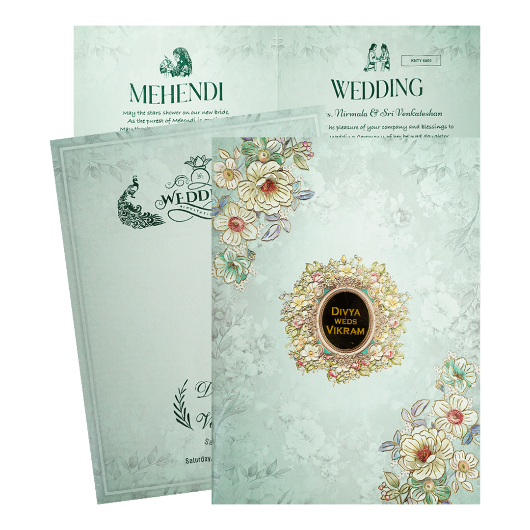 Check out Blue Pastel Floral Oval Wedding Card at best price,✅WhatsApp Support and ✅Express Delivery | King of Cards.