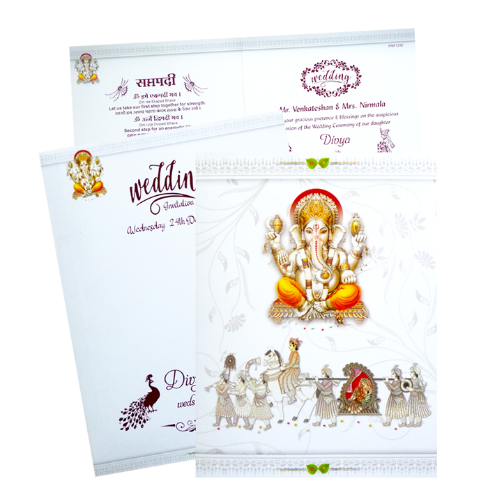 We have a lot of varieties in hindu wedding cards, out of which, white classic features the the best Ganesha image. This invite also includes dolhi, baraat and groom on his horse. Check now