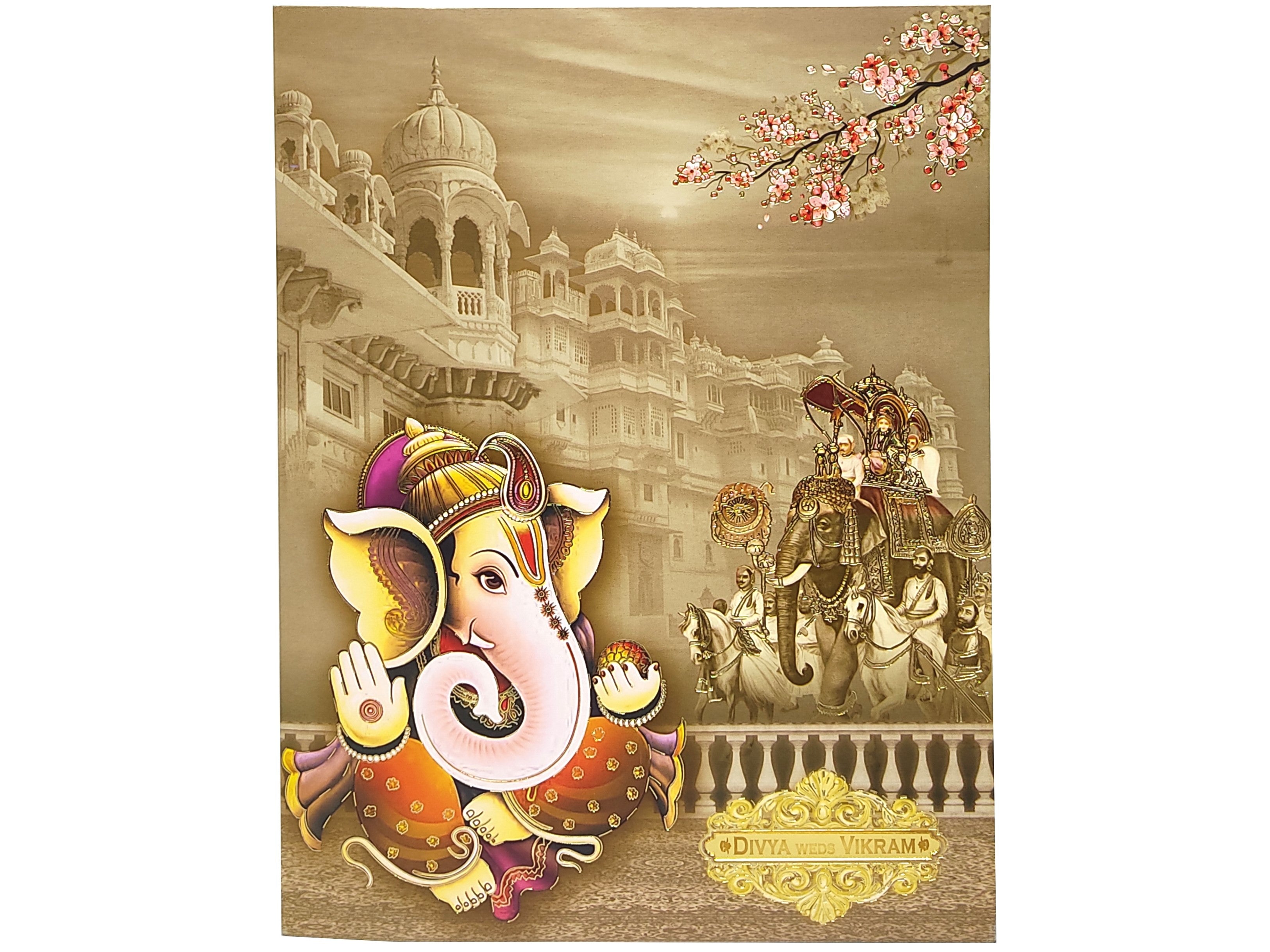 Rustic Green Jumbo Size With Royal Elephant Doli and Colourful Ganesha Wedding Card-KNKJ1093