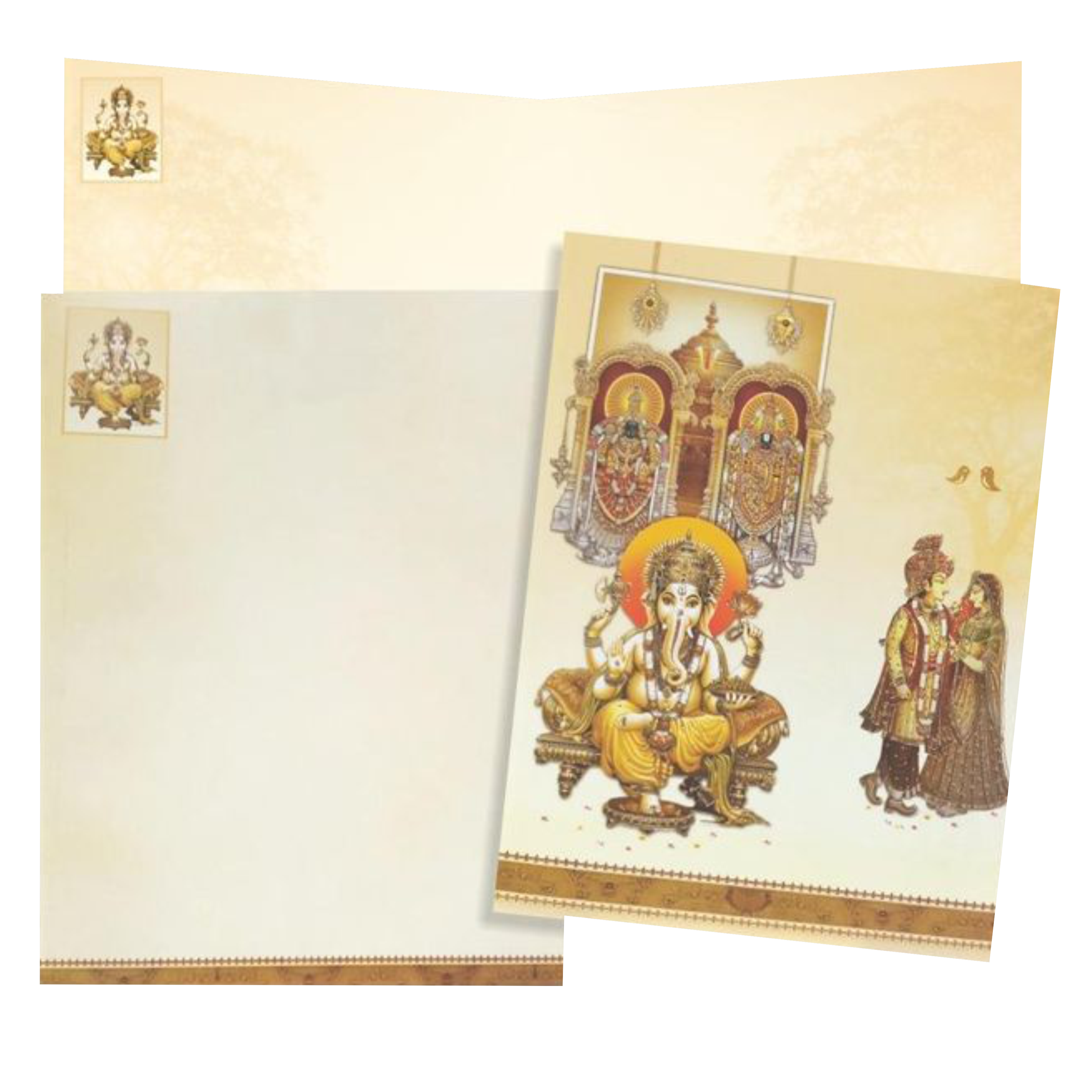 Our yellow offset jumbo invitation features Balaji and Padmavathi images. It also comes with Ganesha and bride groom images on the main card.