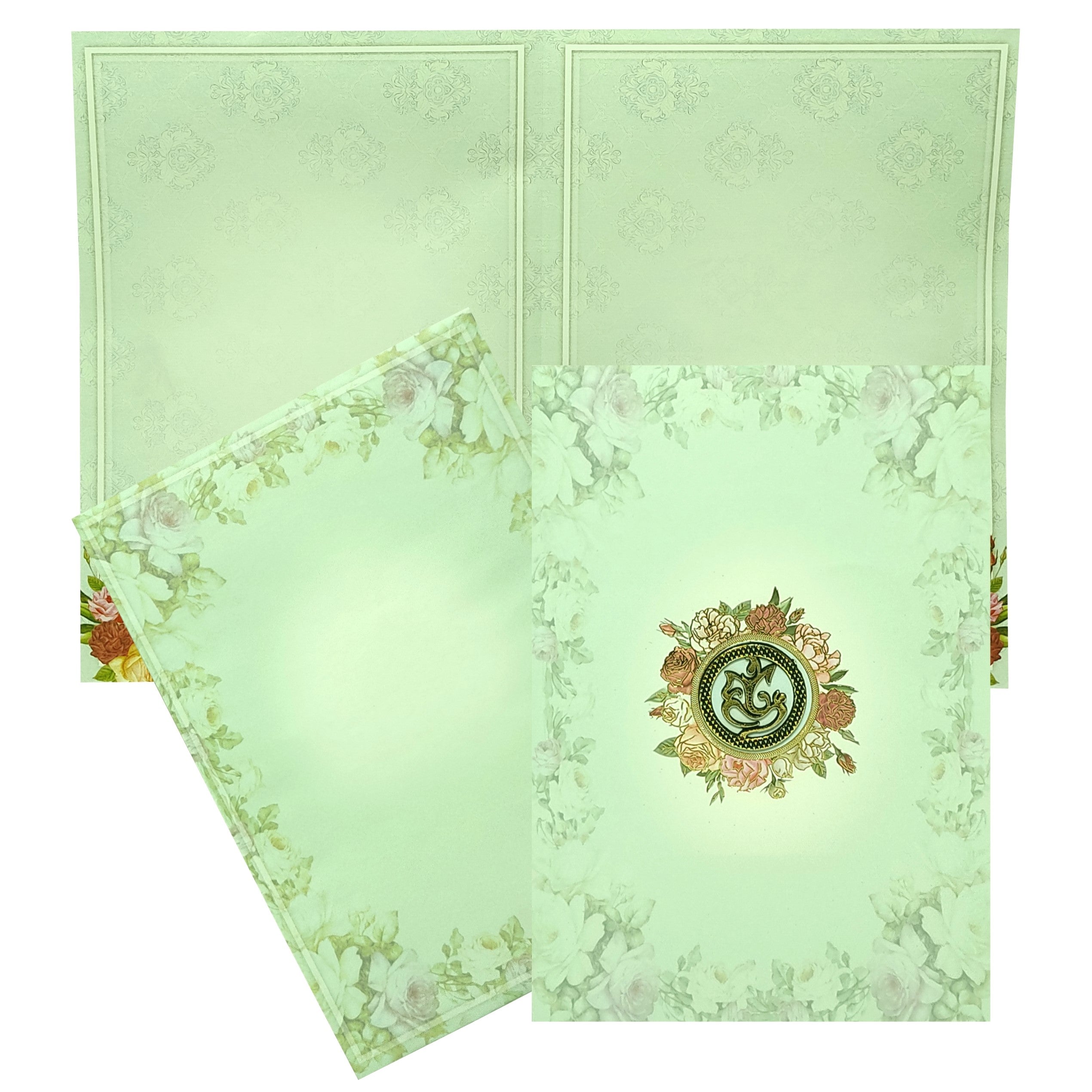 Pastel Green Floral Offset Wedding Card With Ganesha Sticker-KNCP253G
