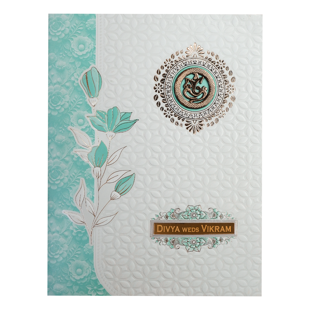White Blue Floral Embossed Wedding Card-KNJS2086B