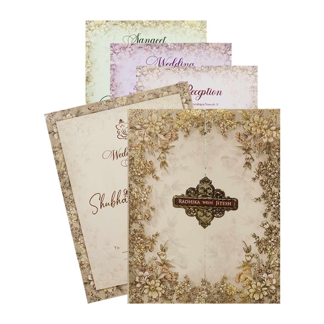 Check out Cream Gold Floral Wedding Card at best price.✅WhatsApp Support ✅Express Delivery.|King of cards.