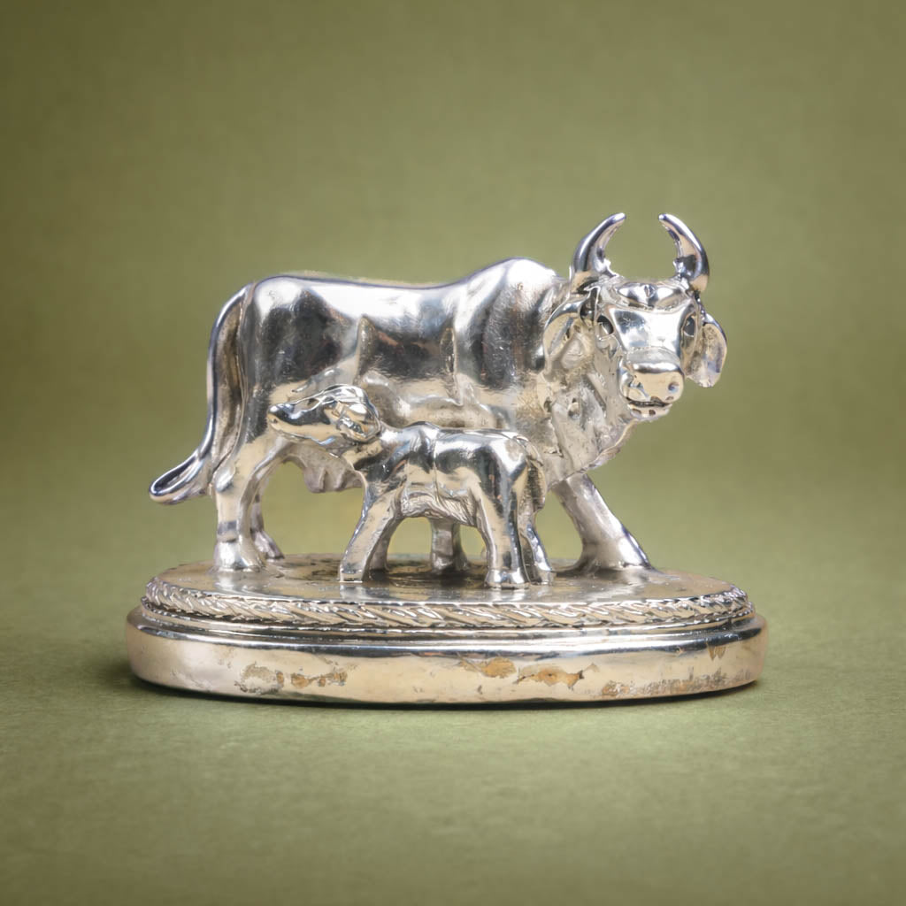 Antique White Metal Cow And Calf Idol-GRI0020