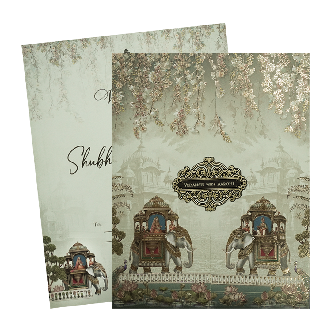 Green Elephant Baraat Wedding Card-KSH73300