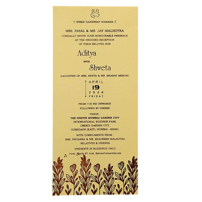 Cream Floral Foil Single Sheet Invitation Card-King of Cards
