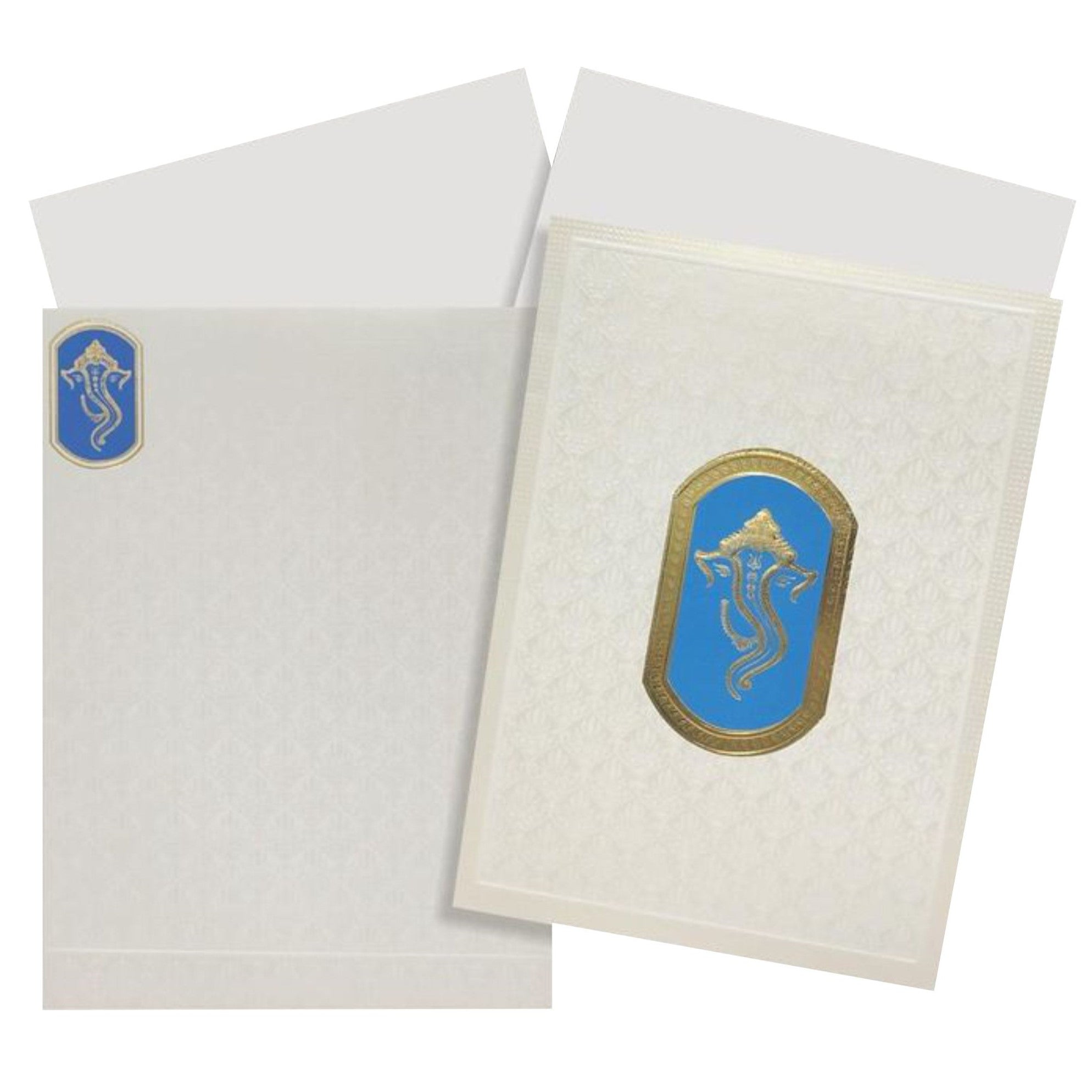 SellingWhite embossed design blue gold ganesha invitation card online. Buying invitation cards made easy with King of Cards! ? Customer Support ? Home Delivery