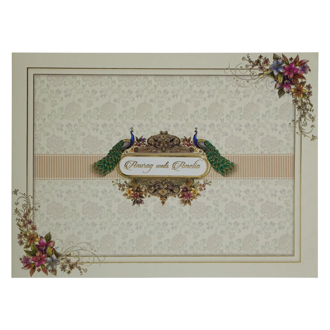 Cream Peacock Floral Invitation Card-KAC05140