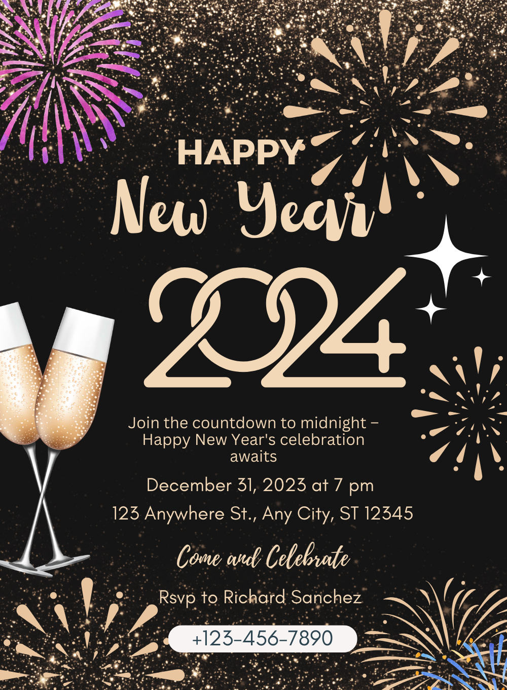 Glittery Gold New Year Party Invitation-AANYI014