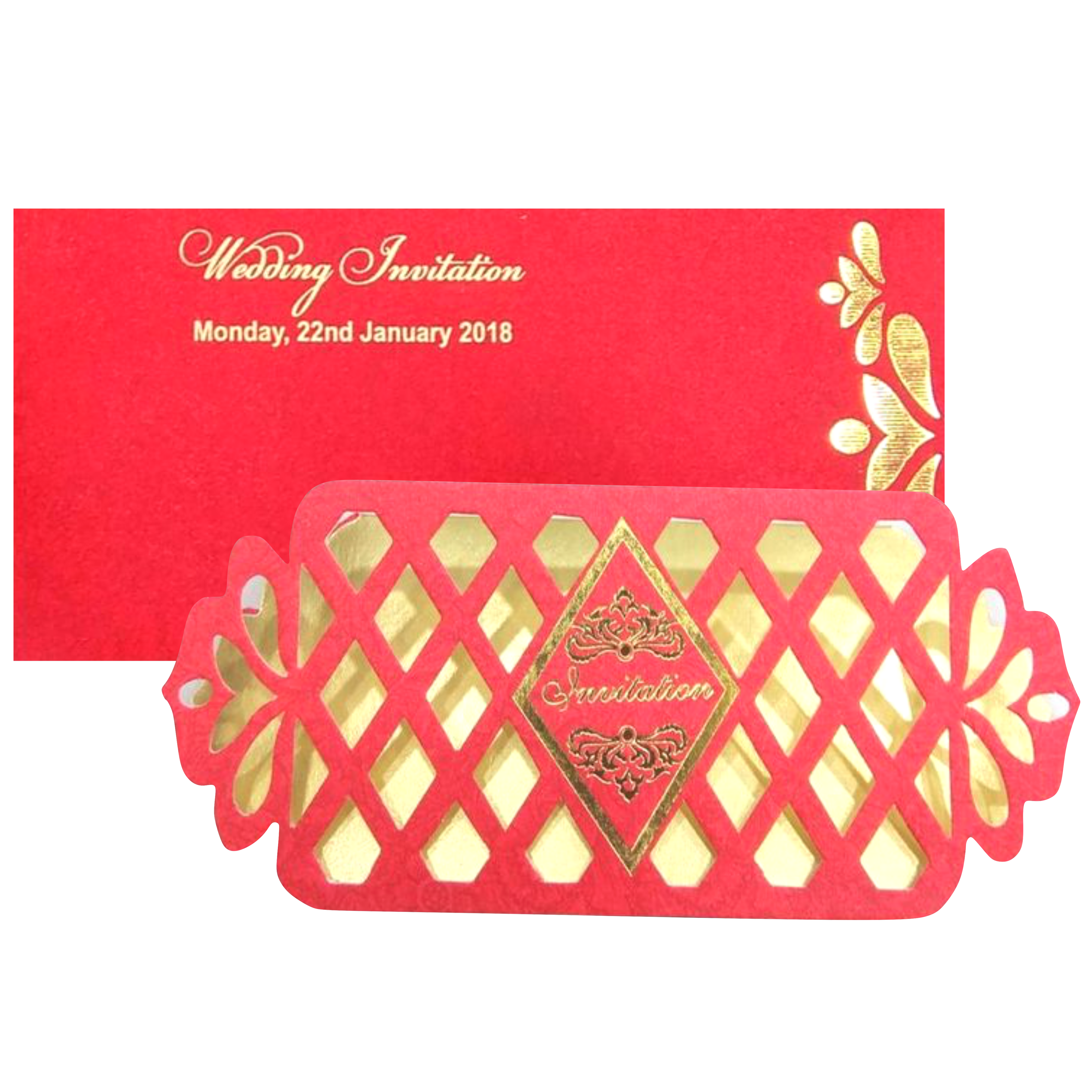 This wedding card is a designer wedding card with horizontal sort. This card has floral theme cut design with invitation imprinted at the centre. This card is a three folded wedding card with royal red shading. This card is a personal card with small dimension. Reach us to know more about the card and printing option. Click the WATCH VIDEO icon to see the video of the card.