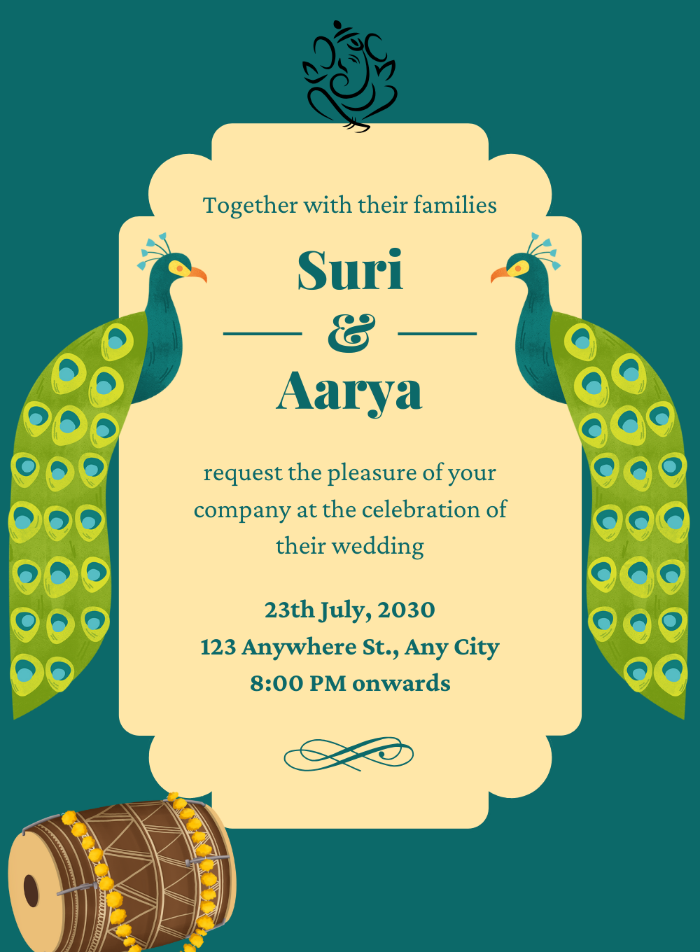 Green Peacock South Indian Wedding Invitation-AASIW017