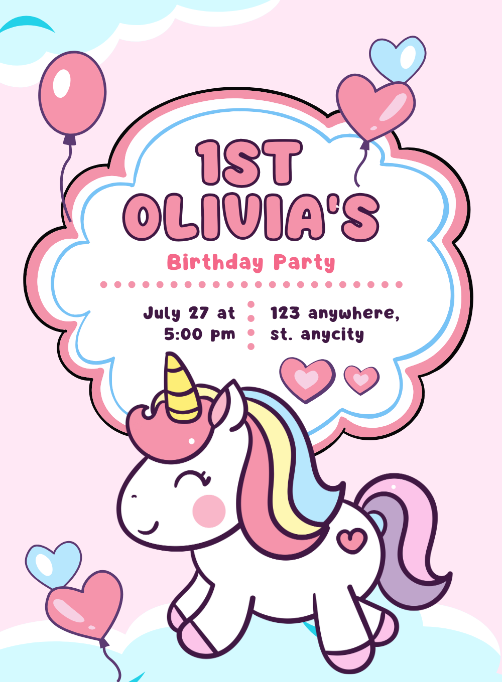 Pink Cute Unicorn Invitation-AAUNI004