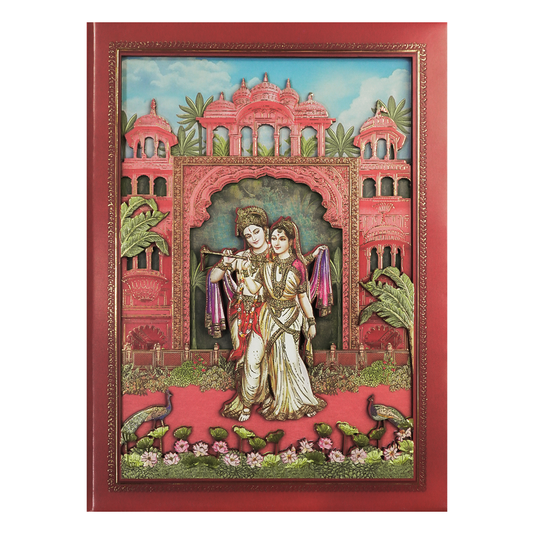 Peach Radha Krishna Palace Padded Wedding Card-KSI64020