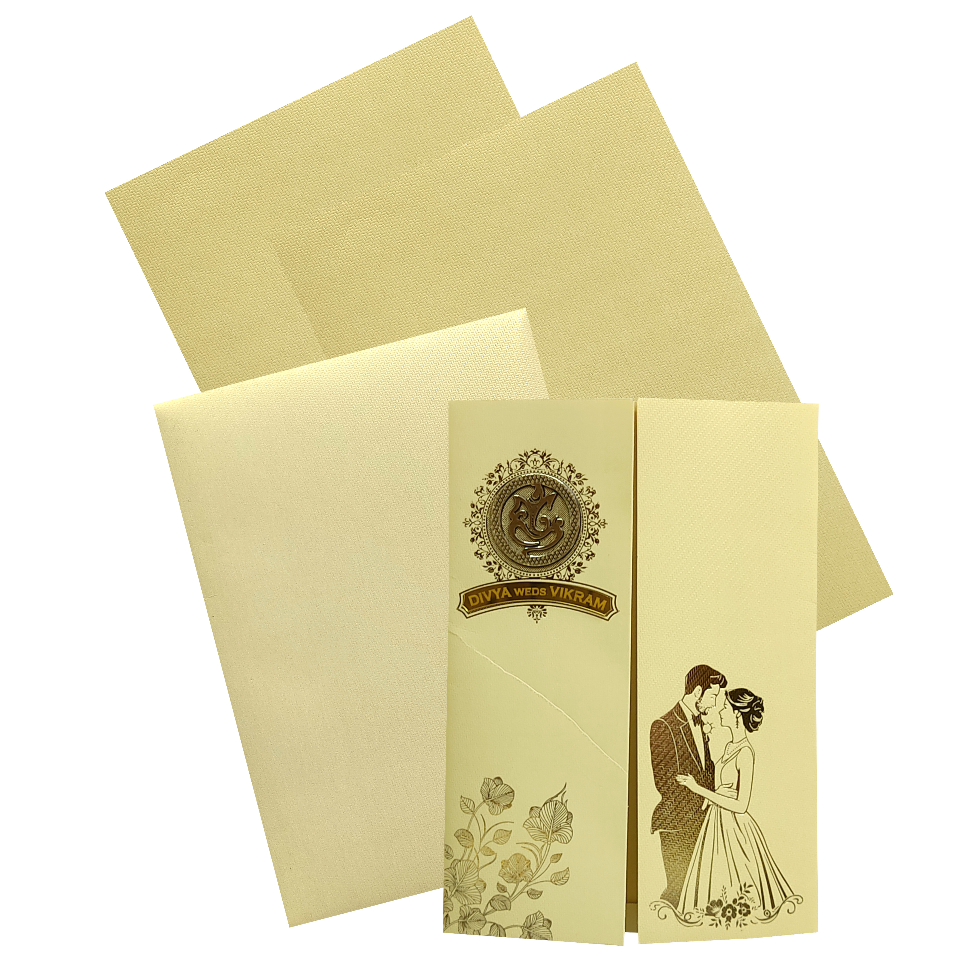 This invitation card has yellow bride groom envelope with two inserts and it has ganesha sticker with acrylic nameplate