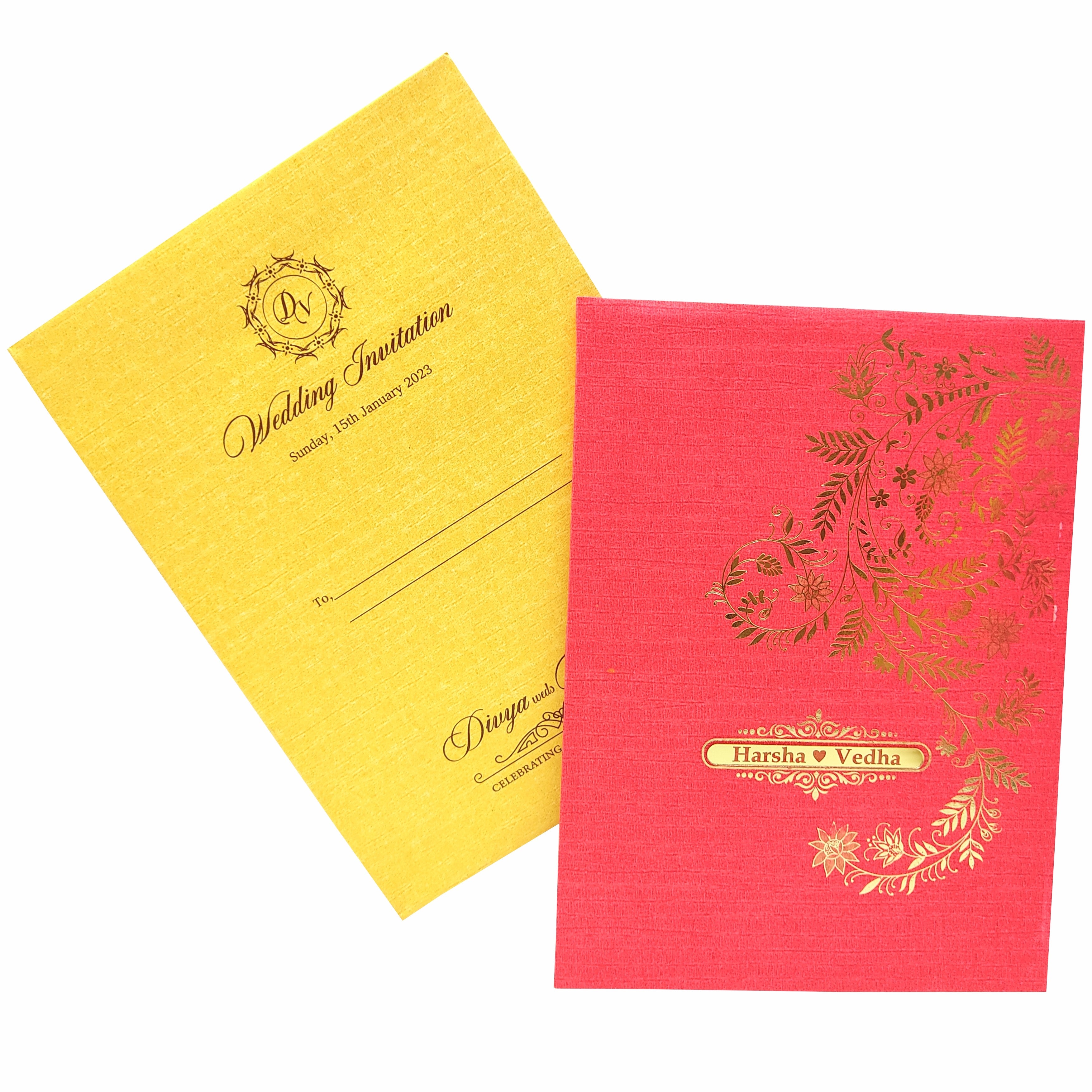 Red Padded Floral Wedding Card In Gold Foiling-KNPC9519R