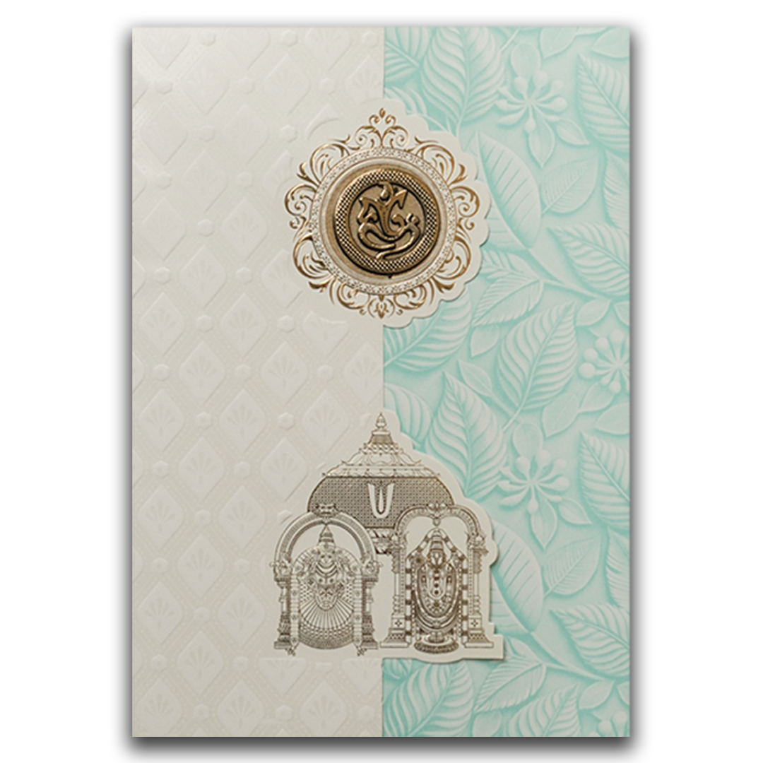 White Pastel Blue Ganesha Temple Wedding Card-KNA2401B
