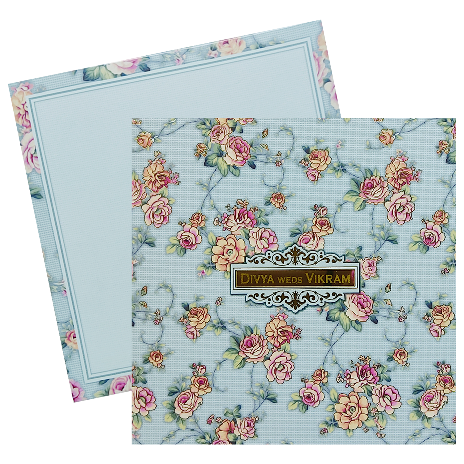 Ash Blue Floral Nameplate Wedding Card-KNKD8108